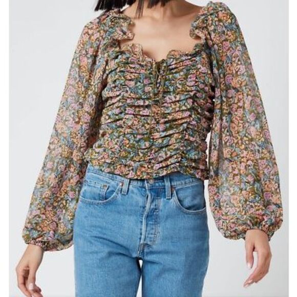 FREE PEOPLE Women’s Garden Combo Mabel Printed Long Sleeve Blouse Size Large - Picture 2 of 9